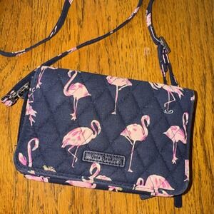 Vera Bradley Flamingo Fiesta Wallet Crossbody Navy Pink Quilted RFID Zip Purse